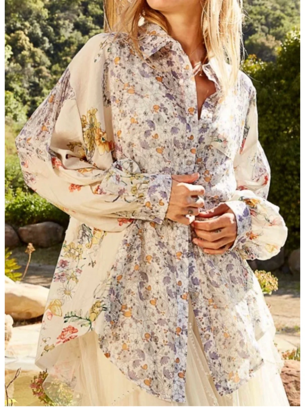 POL Floral Button Down Blouse M/L Boho Patchwork Shirt Lightweight Sheer Hi-Low - Picture 1 of 8